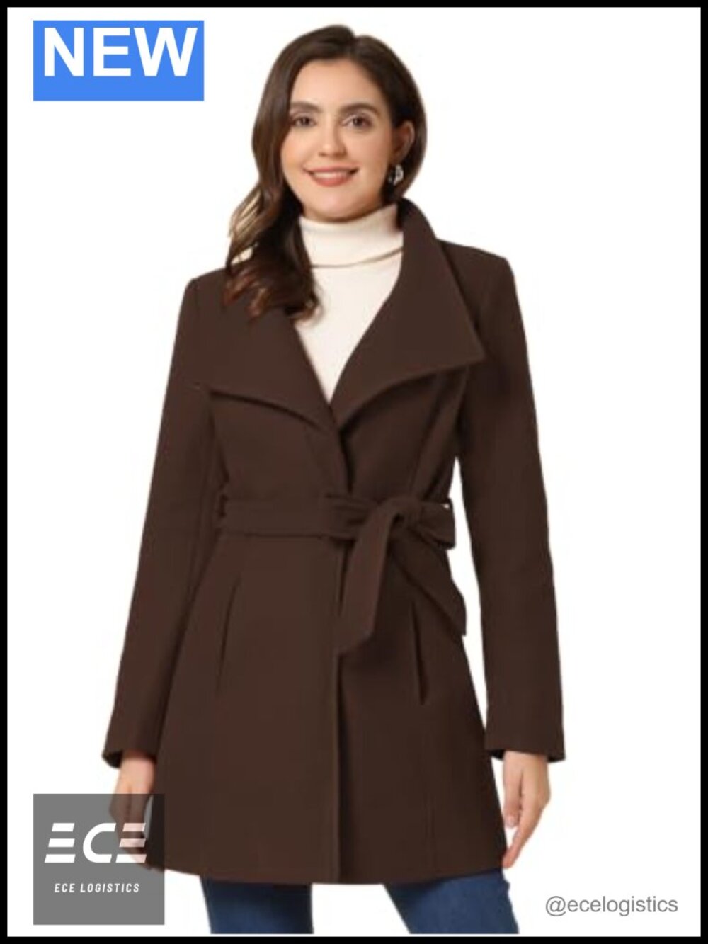 Allegra K Women's Winter Stand Collar Long Belted Pea Coat